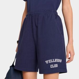 Sporty & Rich Wellness Club Cotton Sweat Shorts Navy Blue Logo Gym Medium NWT